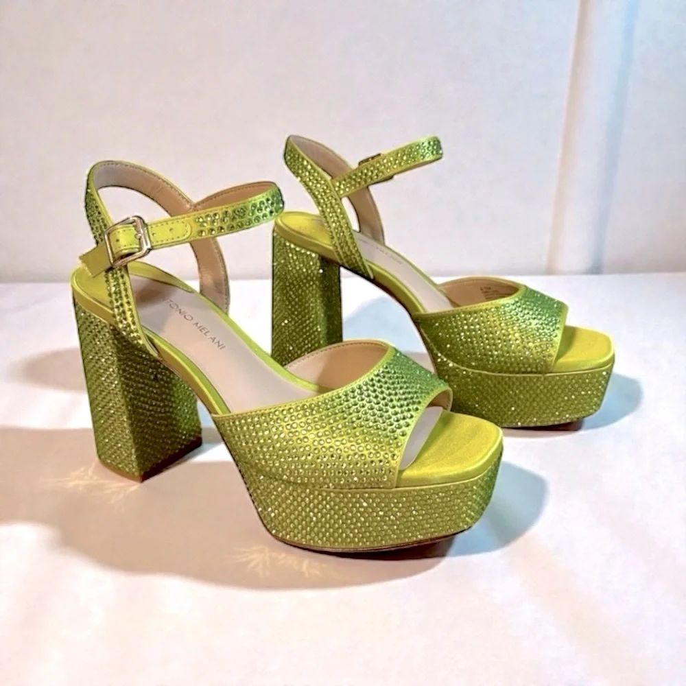 ANTONIO MELANI Lime Green Satan Babs Rhinestone Platform Sandals NWOB